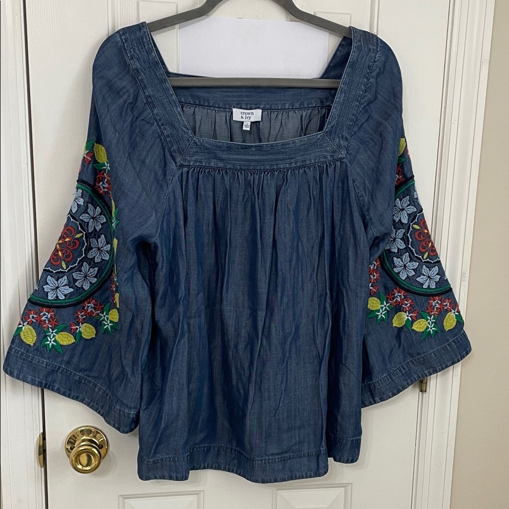 Knox Rose Dark Blue Blouse with Colorful Embroidery